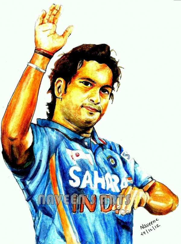 Water Color Painting Of Sachin Tendulkar - DesiPainters.com