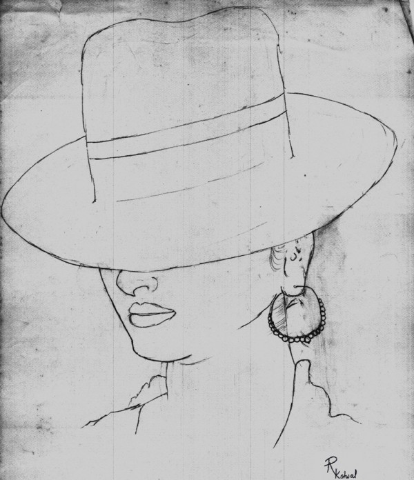 Pencil Sketch Of Lady With Hat - DesiPainters.com