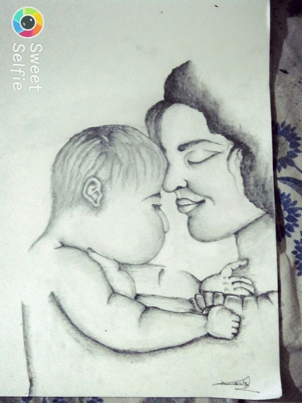 Lovely Pencil Sketch Of Mother And Child