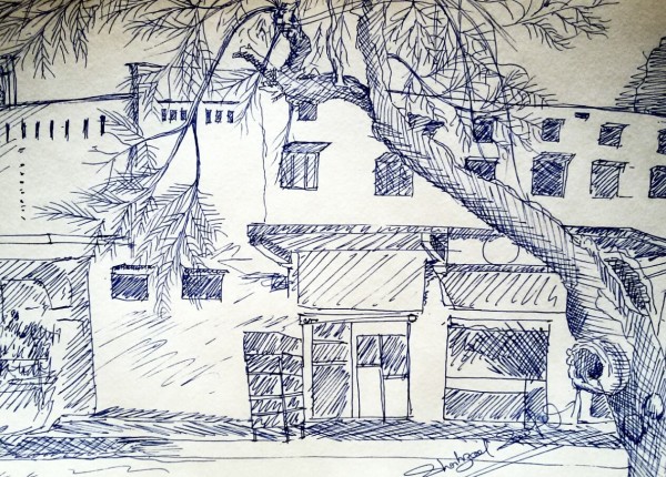 Ink Painting Of A Tree And Building - DesiPainters.com