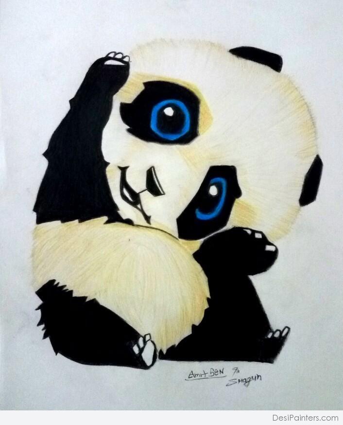 Pencil Color Art Of Little Panda | DesiPainters.com