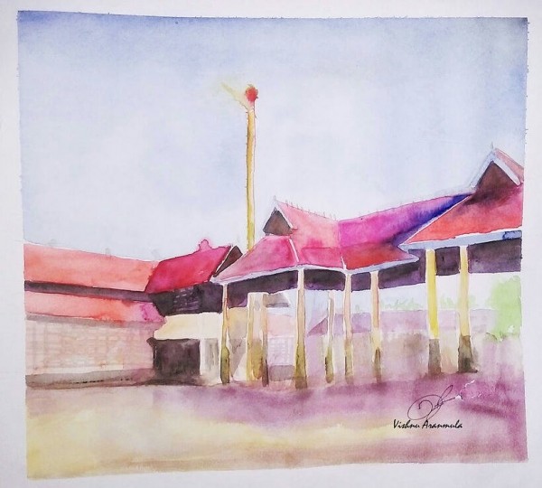 Watercolor Painting Of Aranmula Sree Parthasarathy Temple - DesiPainters.com