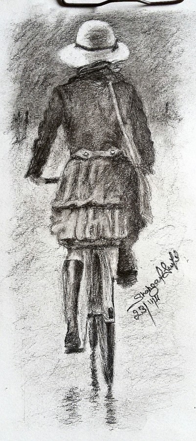 Charcoal Pencil Sketch Of City Girl On Bicycle - DesiPainters.com