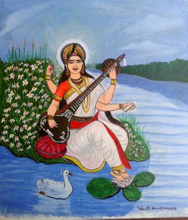 Oil Painting Of Goddess Saraswati - DesiPainters.com