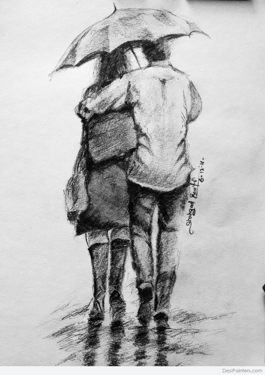 Pencil Sketch Of A Couple In Rain DesiPainters Pencil Sketch Of A Couple In Rain DesiPainters