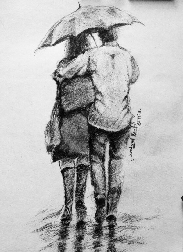 Pencil Sketch Of A Couple In Rain - DesiPainters.com