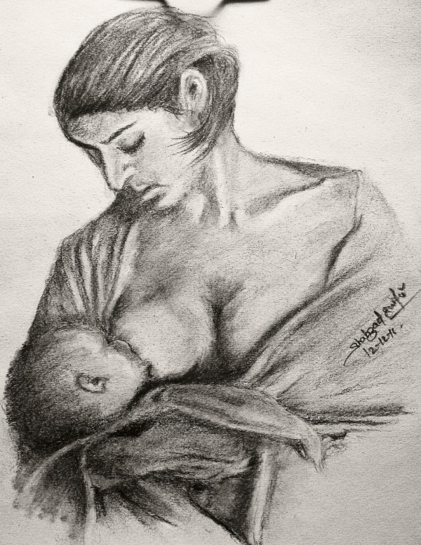 Pencil Sketch Of Mother Feeding His Baby - DesiPainters.com