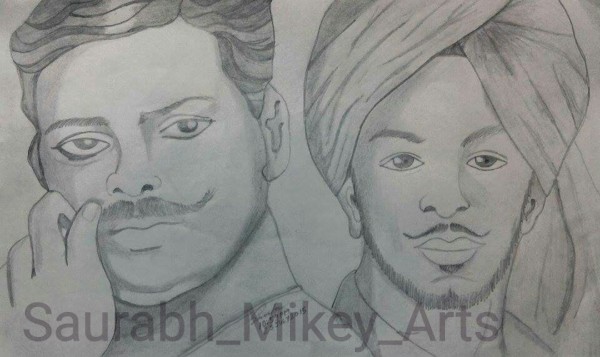 Pencil Sketch Of Saheed Chandra Shekhar Azad and Bhagat Singh - DesiPainters.com