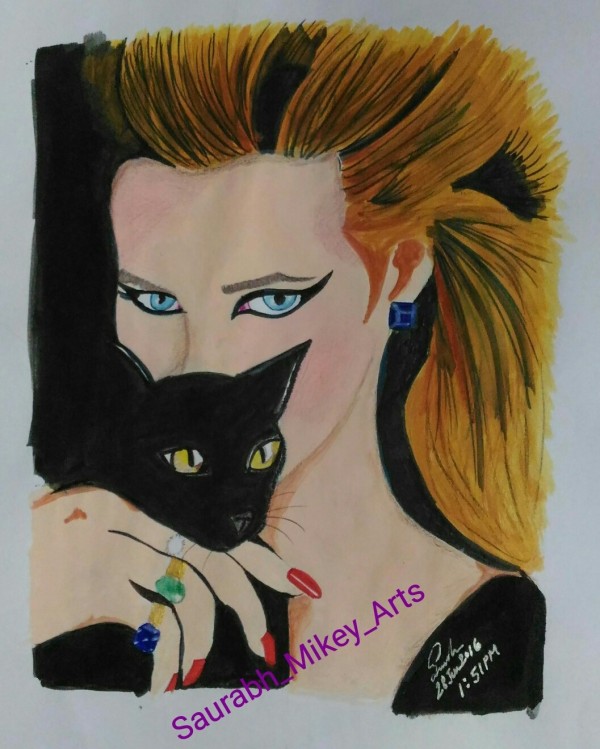 Watercolor Painting Of Blue Eyes Girl With Cat