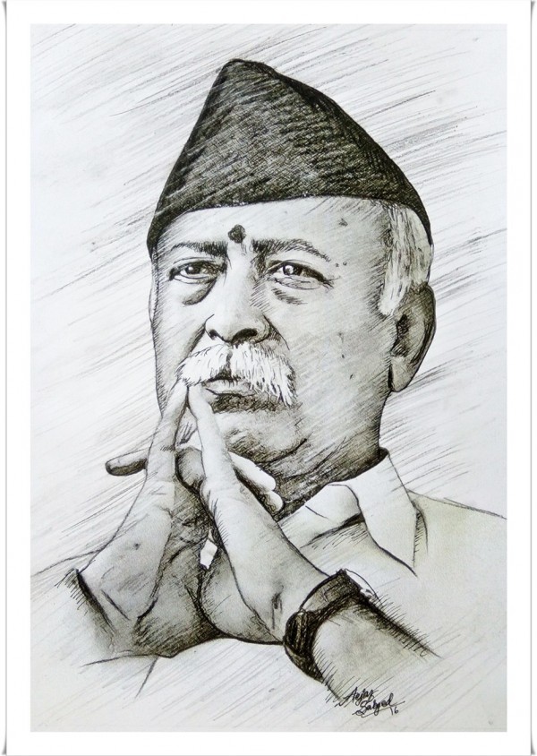 Mixed Painting Of Mohan Bhagwat - DesiPainters.com