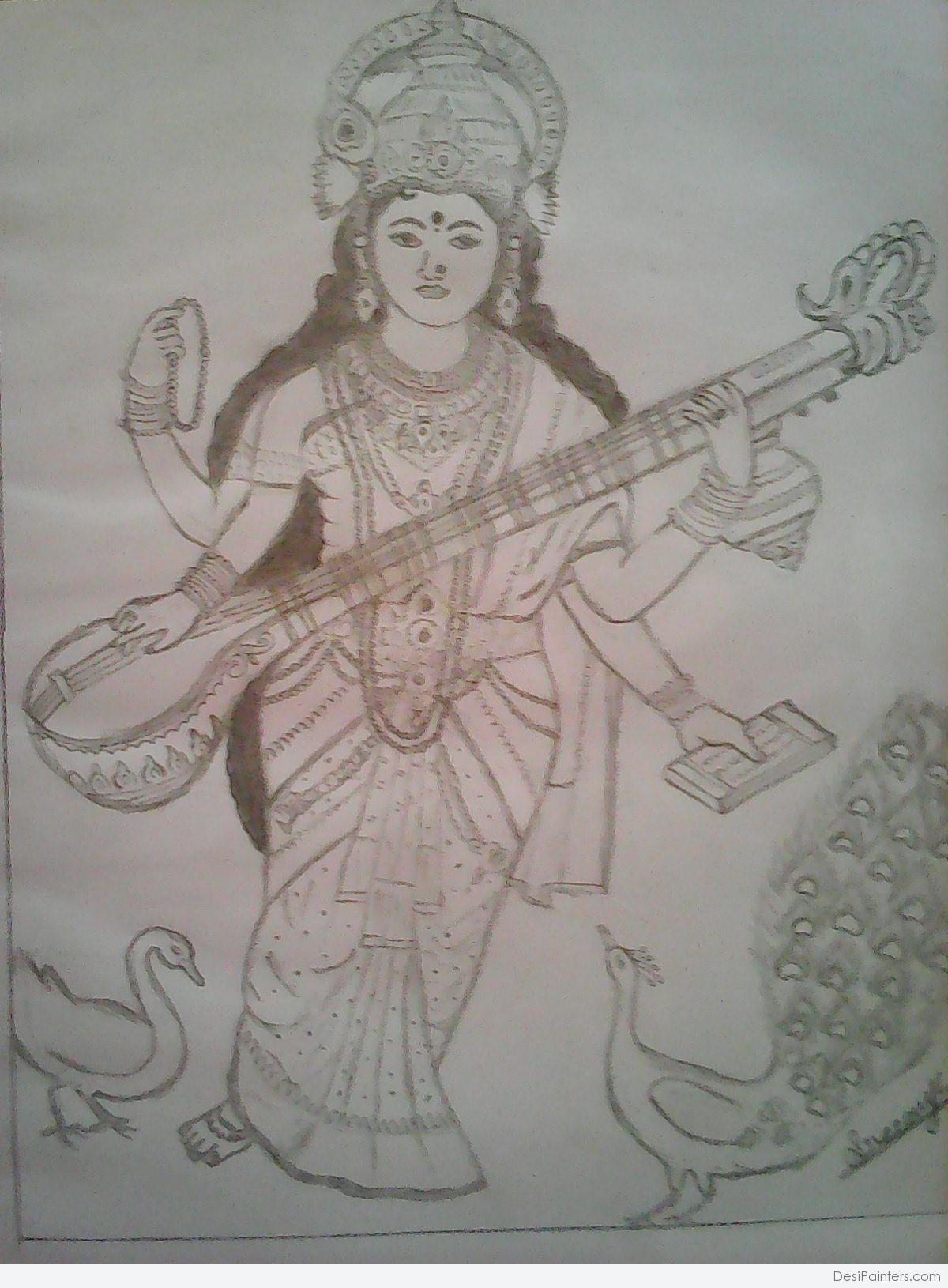 Devotee Praying Goddess Saraswati on Swan | Ink Sketch | Anuj Shastrakar |  Exotic India Art