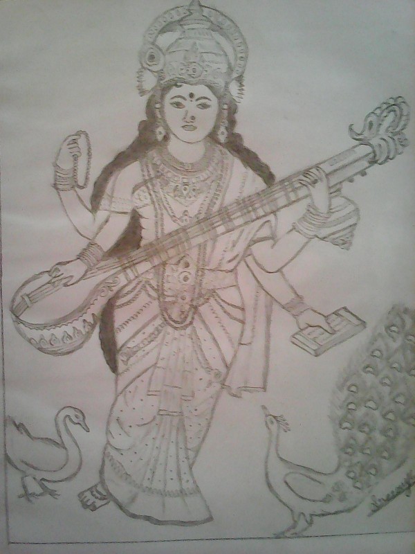 Pencil Sketch Of Goddess Sarasvati - DesiPainters.com