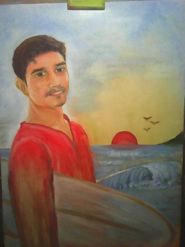 Oil Painting Of Boy With Surfing Board