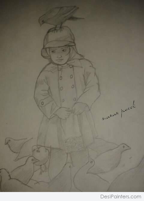 Pencil Sketch Of Innocent Kid, Feeding Pigeons