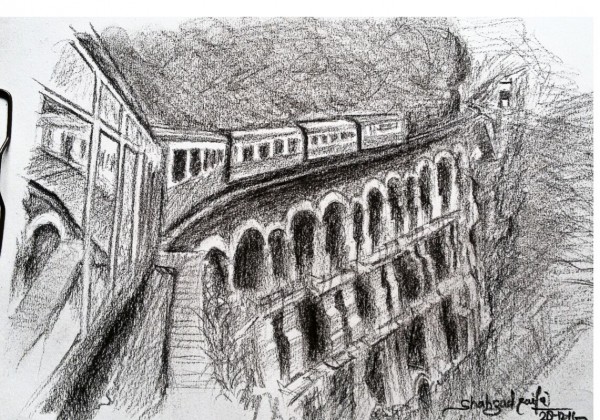 Charcoal Sketching Of Railway Bridge Of Narkanda Shimla - DesiPainters.com