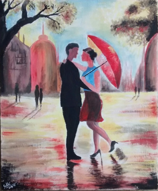 Pencil Sketch Of Lovely Couple Under Umbrella - DesiPainters.com