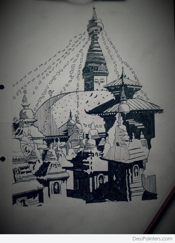Pencil Sketch of Temple - DesiPainters.com