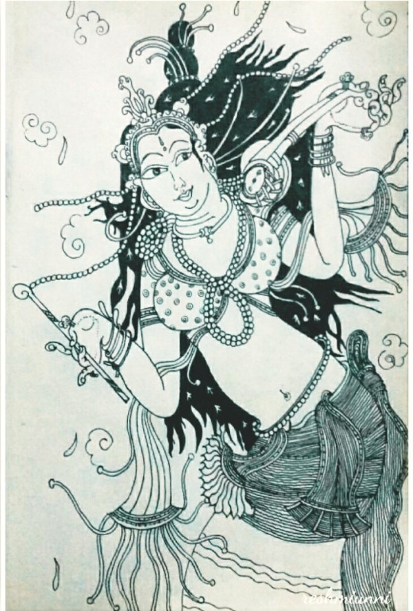 Ink Painting Of Goddess Durga - DesiPainters.com