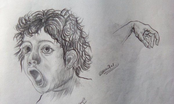 Pencil Sketch of Hungry Boy - DesiPainters.com