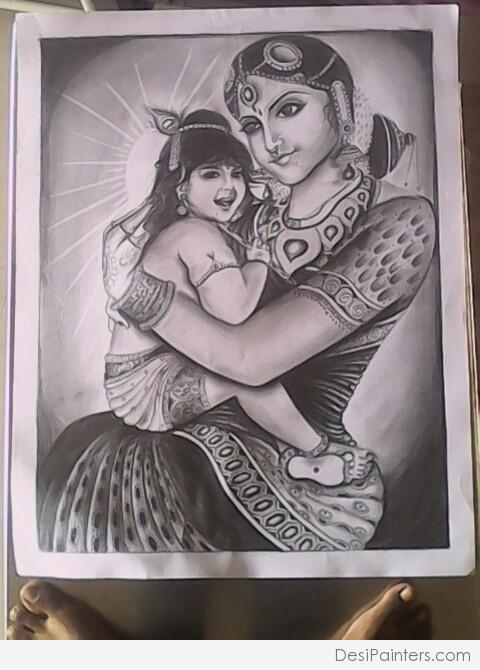 Pencil Sketch of Yashodha Mata And Muddu Krishna - DesiPainters.com