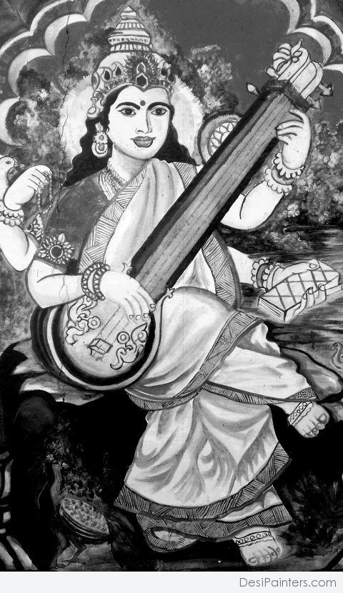 Oil Painting of Sarsvati Maa - DesiPainters.com
