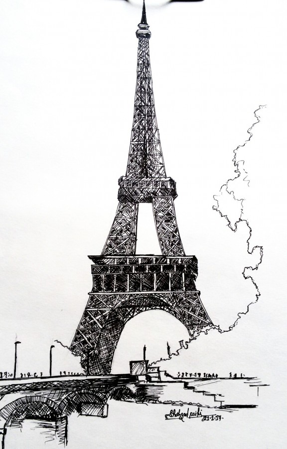 Indian Ink Painting of Eiffel Tower - DesiPainters.com