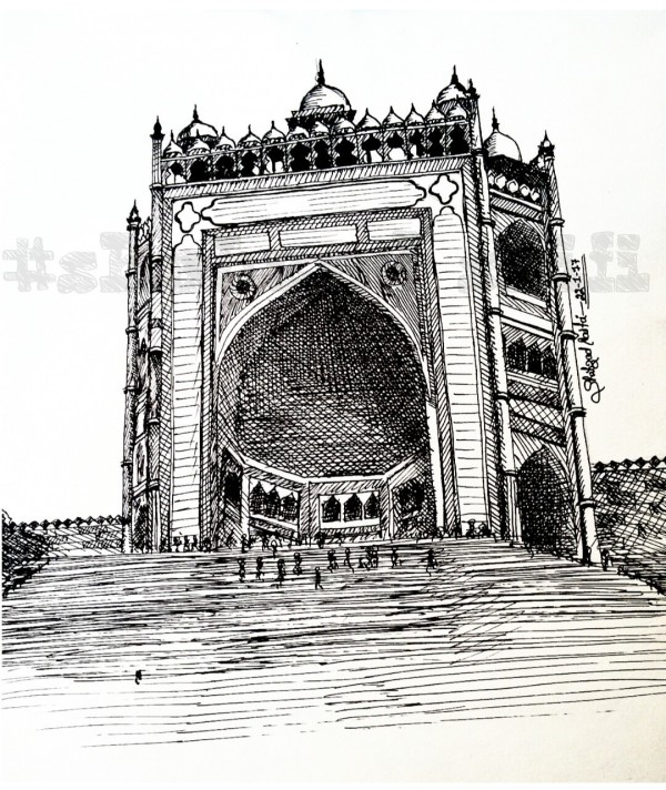 Indian Ink Painting of Buland Darwaja of Fatehpur Sikri - DesiPainters.com