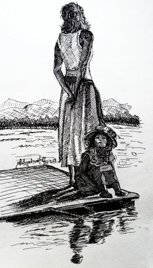 Indian Ink Painting of A Lady On Lake With Child - DesiPainters.com