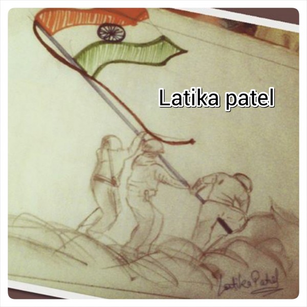 Pencil Sketch of Indian Army With Flag - DesiPainters.com