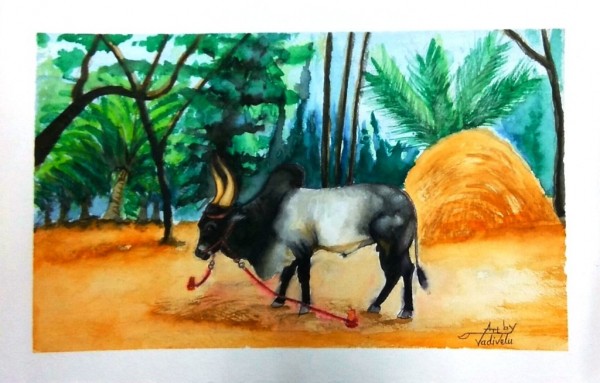 Watercolor Painting of Bull - DesiPainters.com