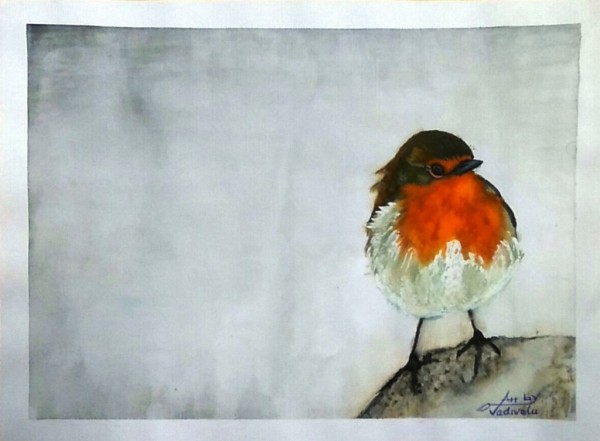 Watercolor Painting of Robin Puff Bird - DesiPainters.com