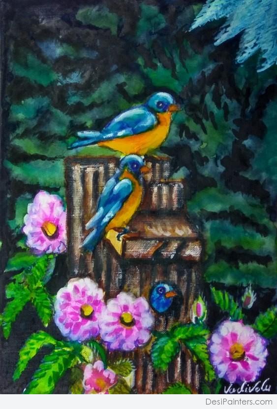 Mixed Painting of Spring Birds