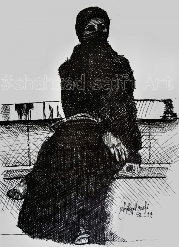 Indian Ink Painting of Burka Girl - DesiPainters.com