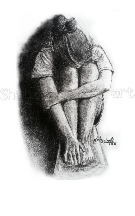 Charcoal Drawing of Sad Girl