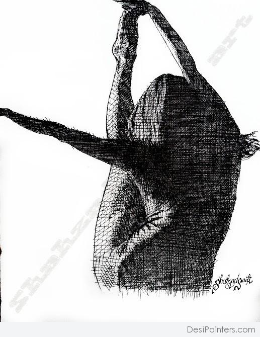 Indian Ink Painting of Yoga Girl - DesiPainters.com