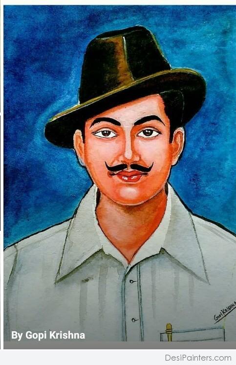 Watercolor Painting of Shaheed Bhagat Singh - DesiPainters.com