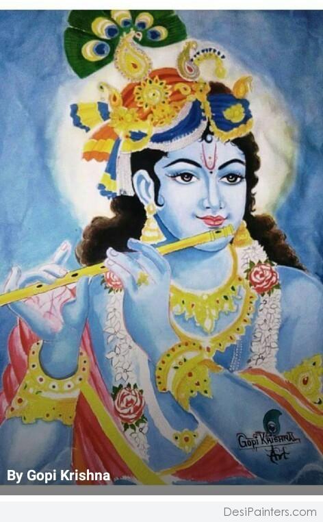 Watercolor Painting of Krishna Kanhaiya - DesiPainters.com