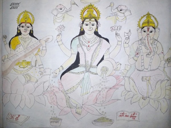 Pencil Sketch of Lord Ganesha And Goddess Lakshmi and Durga Maa