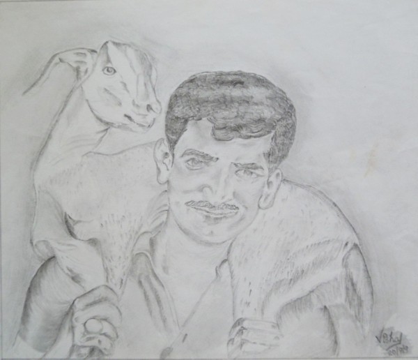 Pencil Sketch of Boy With Goat - DesiPainters.com