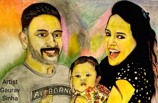 M.S Dhoni And Sakshi Dhoni  With His Cute Girl Ziva - DesiPainters.com