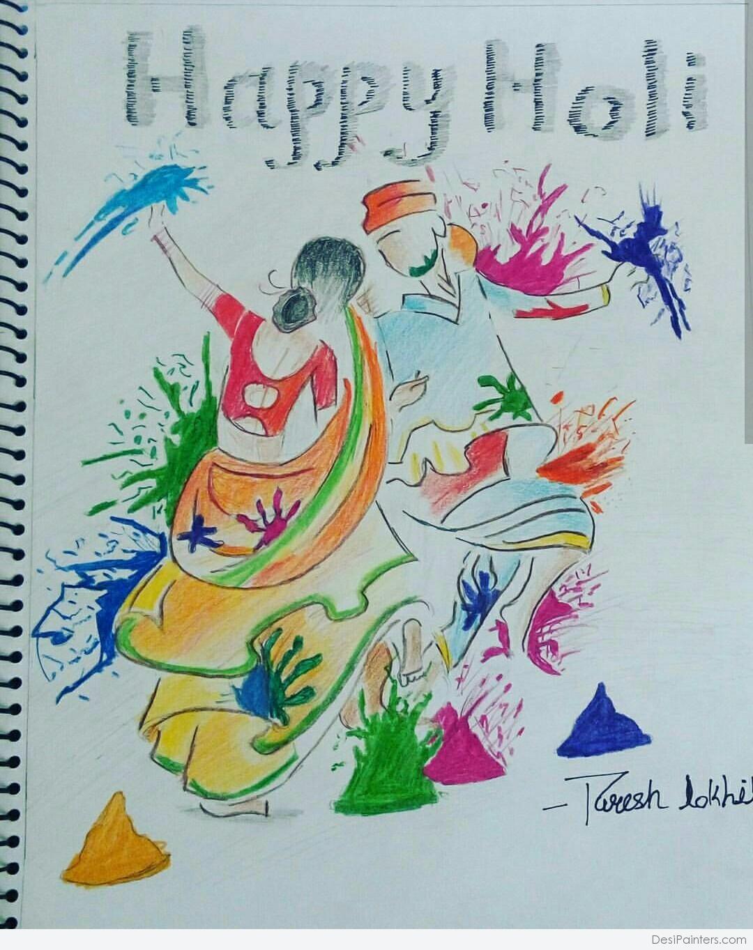 Pencil Color Sketch of Happy Holi | DesiPainters.com