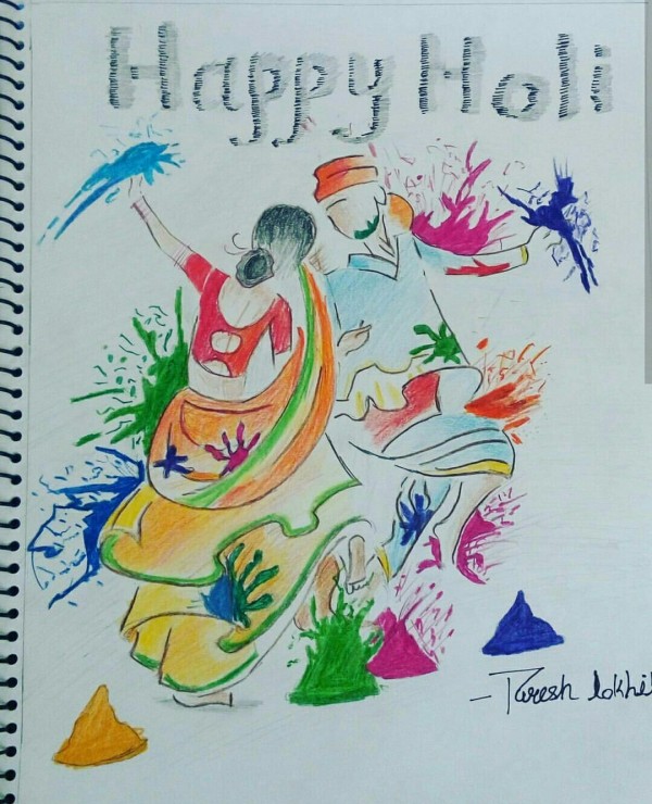 Pencil Color Sketch of Happy Holi - DesiPainters.com