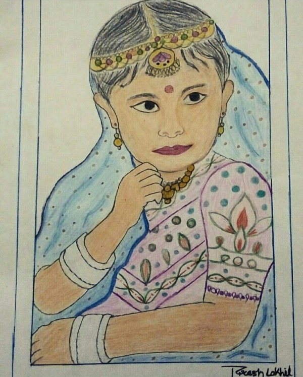 Pencil Color Art of Cute Girl - DesiPainters.com