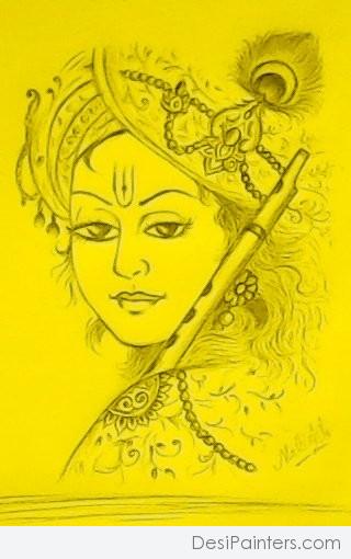 Ink Painting of Beautiful Krishna - DesiPainters.com