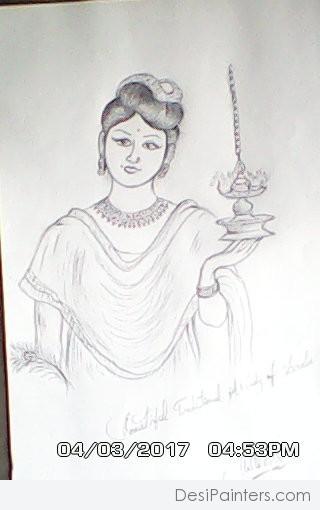 Ink Painting of Traditional Lady of Kerala - DesiPainters.com