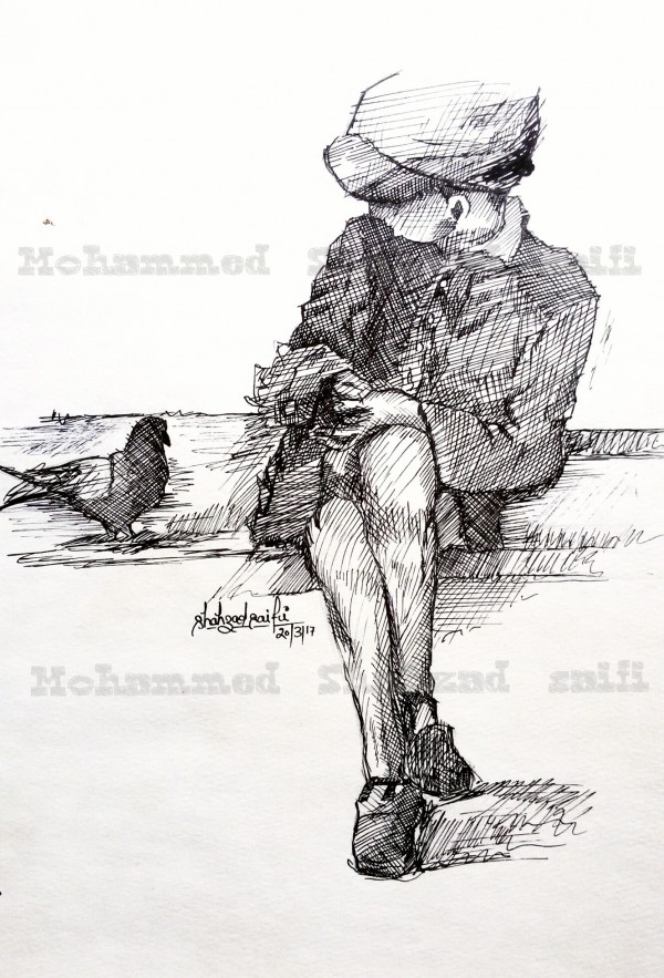 Ink Painting of Boy With Bird - DesiPainters.com