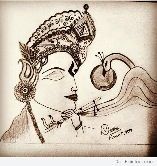 Pencil Sketch of Dreamy Krishna - DesiPainters.com