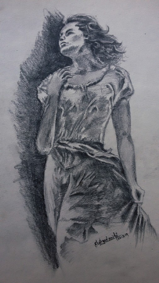 Pencil Sketch of Walking Girl - DesiPainters.com