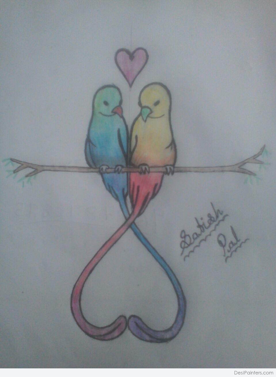 Pencil Color Sketch of Love bird | DesiPainters.com