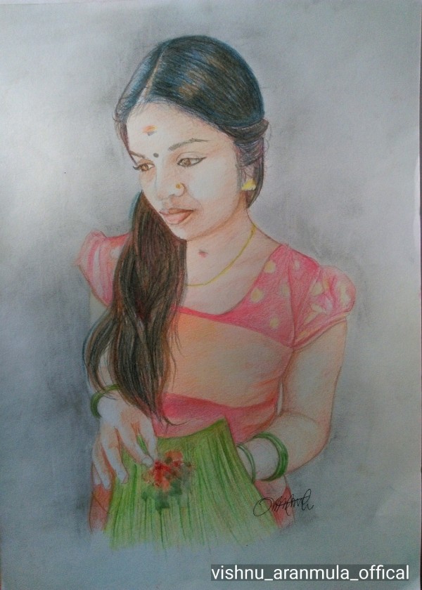 Pencil Color Art of Kerala Village Girl - DesiPainters.com